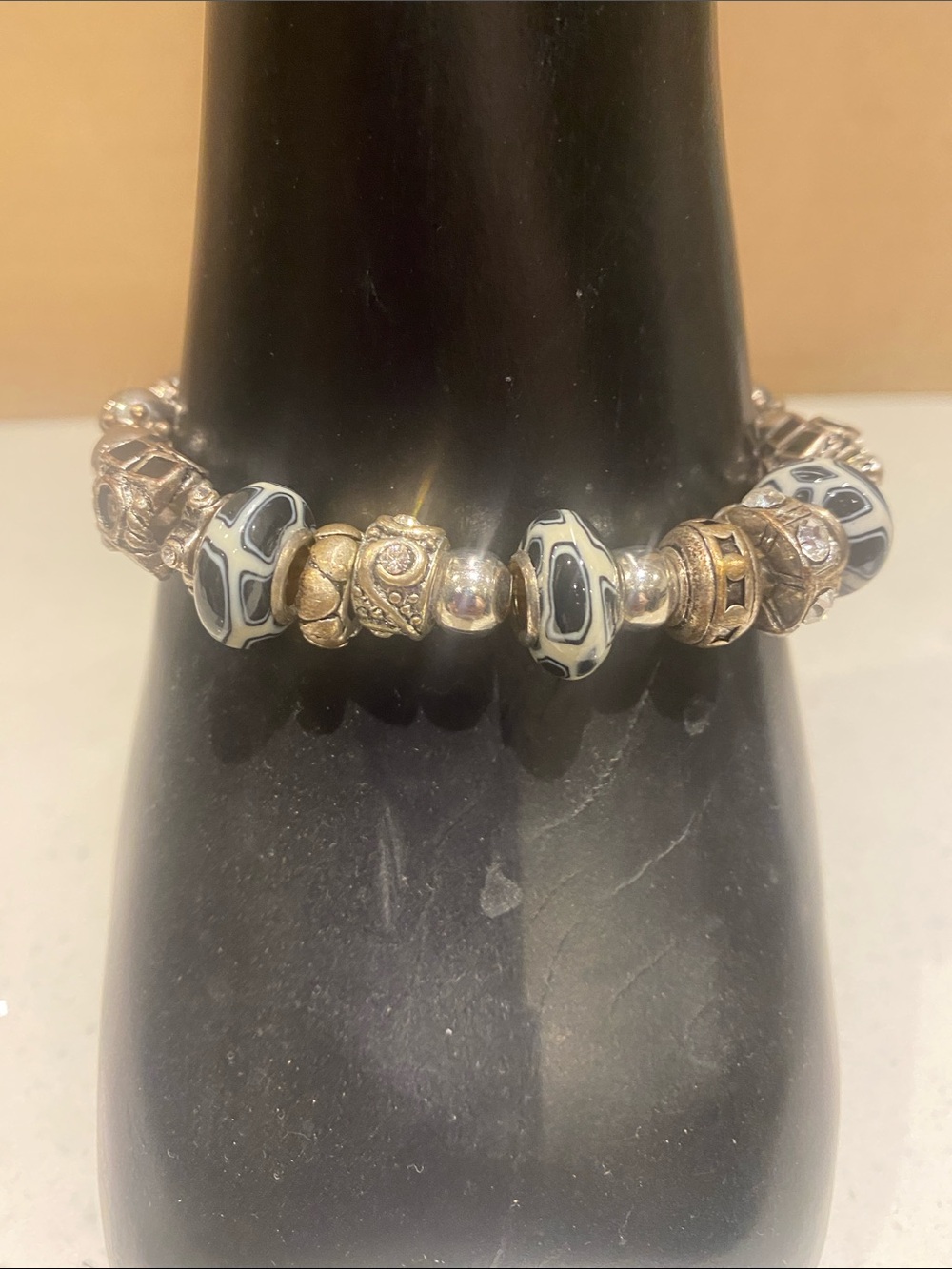 Black & White Glass Bead Charm Bracelet with Gold & Silver Crystal Accents